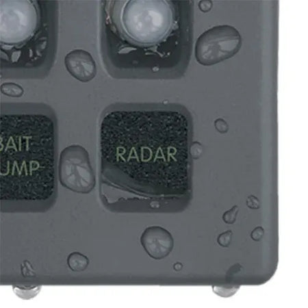 Blue Sea Systems WeatherDeck Waterproof Circuit Breaker Panel, 12/24V DC, IP67, 15A Per Circuit, Green LED Backlit Labels, Gray Panel — Quality Boat Parts