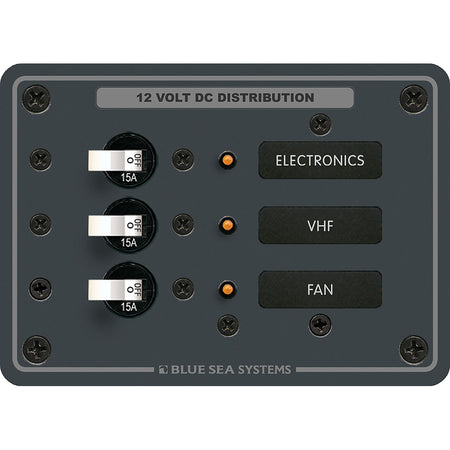 Blue Sea Systems Traditional Metal DC Circuit Breaker Panel, 12V/24V DC, 100A, White Toggle Breakers, Backlit Labels — Quality Boat Parts