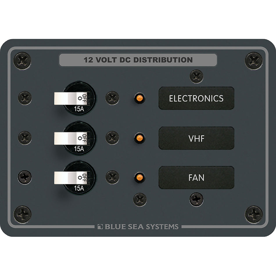 Blue Sea Systems Traditional Metal DC Circuit Breaker Panel, 12V/24V DC, 100A, White Toggle Breakers, Backlit Labels — Quality Boat Parts