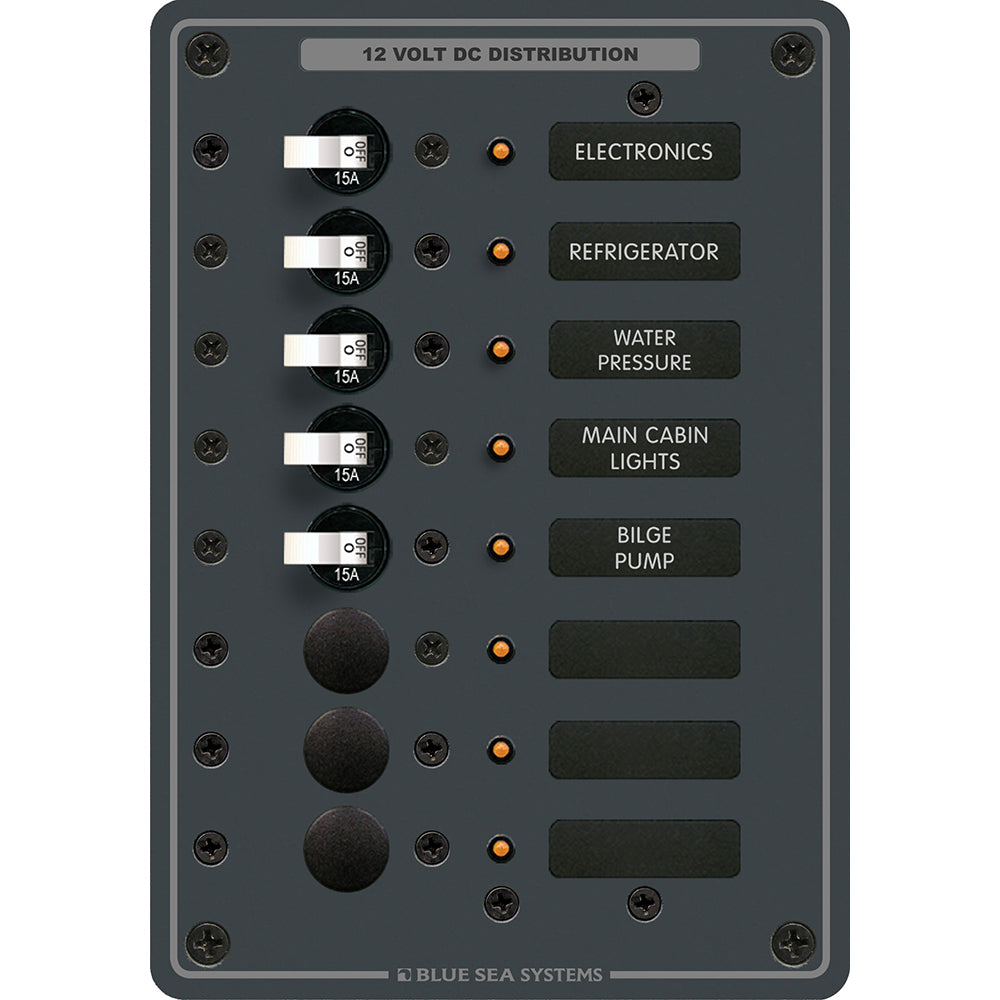 Blue Sea Systems Traditional Metal DC Circuit Breaker Panel, 12V/24V DC, 100A, White Toggle Breakers, Backlit Labels — Quality Boat Parts