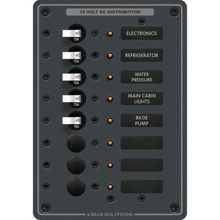 Blue Sea Systems Traditional Metal DC Circuit Breaker Panel, 12V/24V DC, 100A, White Toggle Breakers, Backlit Labels — Quality Boat Parts