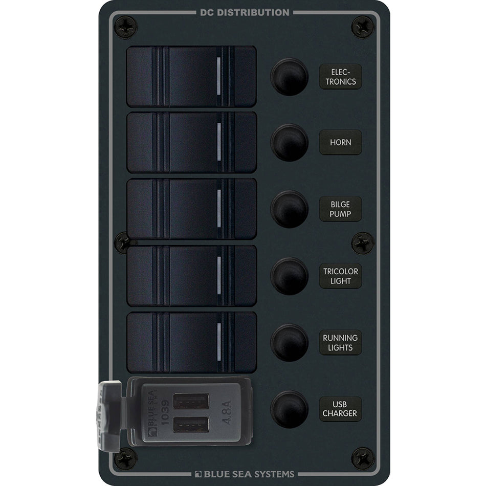 Blue Sea Systems Contura 5-Position Switch Panel with Dual USB Charger, 12/24V DC, 4.8A — Quality Boat Parts