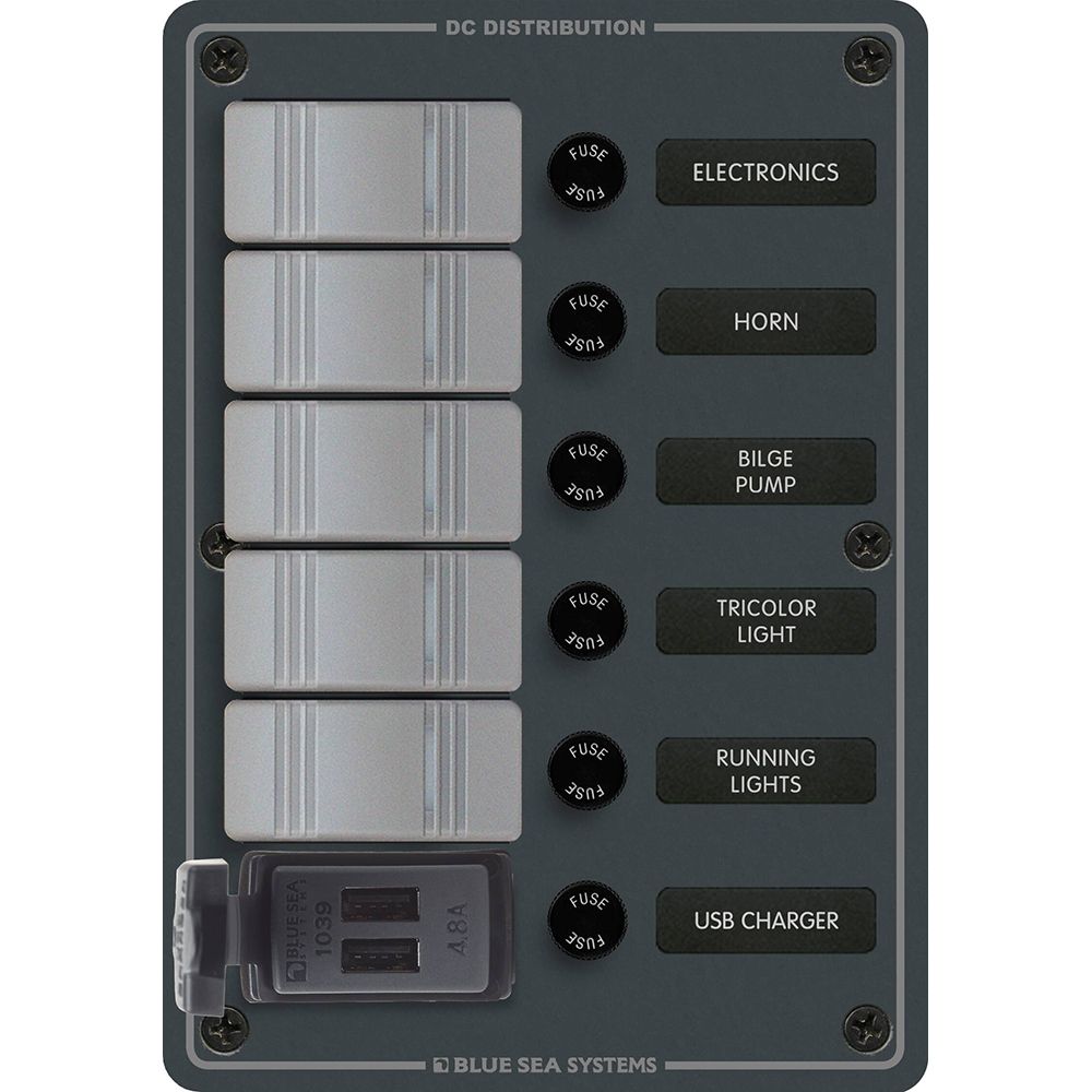 Blue Sea Systems Contura 5-Position Switch Panel with Dual USB Charger, 12/24V DC, 4.8A — Quality Boat Parts