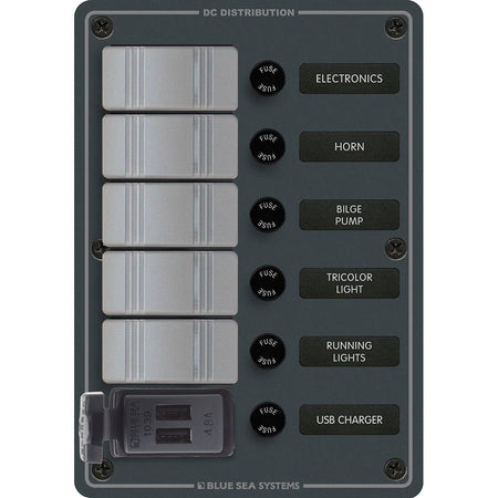 Blue Sea Systems Contura 5-Position Switch Panel with Dual USB Charger, 12/24V DC, 4.8A — Quality Boat Parts