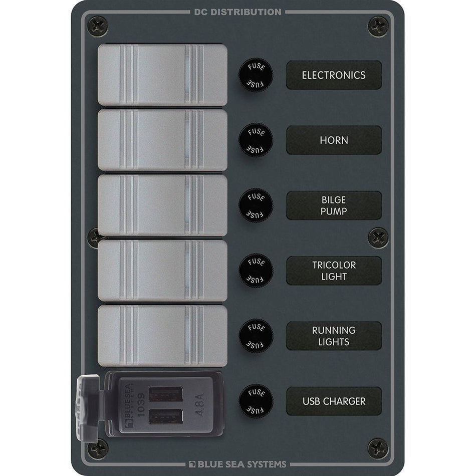 Blue Sea Systems Contura 5-Position Switch Panel with Dual USB Charger, 12/24V DC, 4.8A — Quality Boat Parts