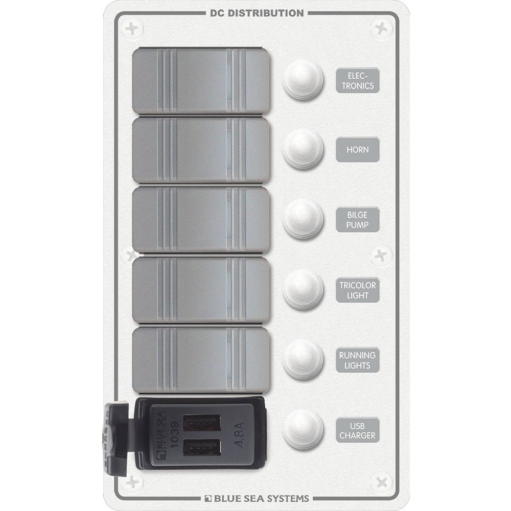 Blue Sea Systems Contura 5-Position Switch Panel with Dual USB Charger, 12/24V DC, 4.8A — Quality Boat Parts