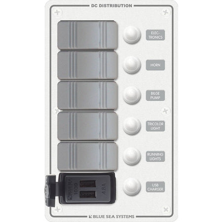 Blue Sea Systems Contura 5-Position Switch Panel with Dual USB Charger, 12/24V DC, 4.8A — Quality Boat Parts