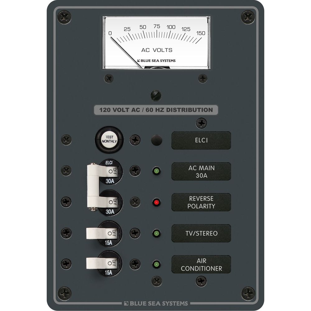 Blue Sea Systems ELCI Main Circuit Breaker Panel, 30A Double Pole, 120V AC, 30mA Leakage Trip — Quality Boat Parts
