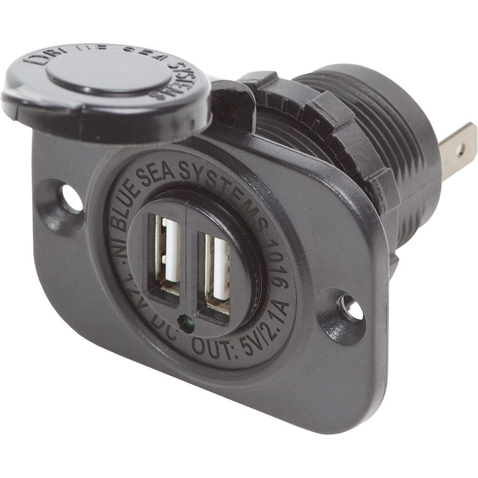 Blue Sea Systems Dual USB Charger Socket, 12/24V DC, 2.1A, IP45, 1 1/8 in Cutout, Watertight Cap — Quality Boat Parts