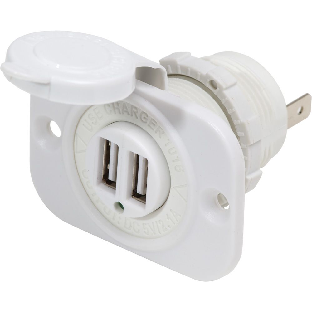 Blue Sea Systems Dual USB Charger Socket, 12/24V DC, 2.1A, IP45, 1 1/8 in Cutout, Watertight Cap — Quality Boat Parts