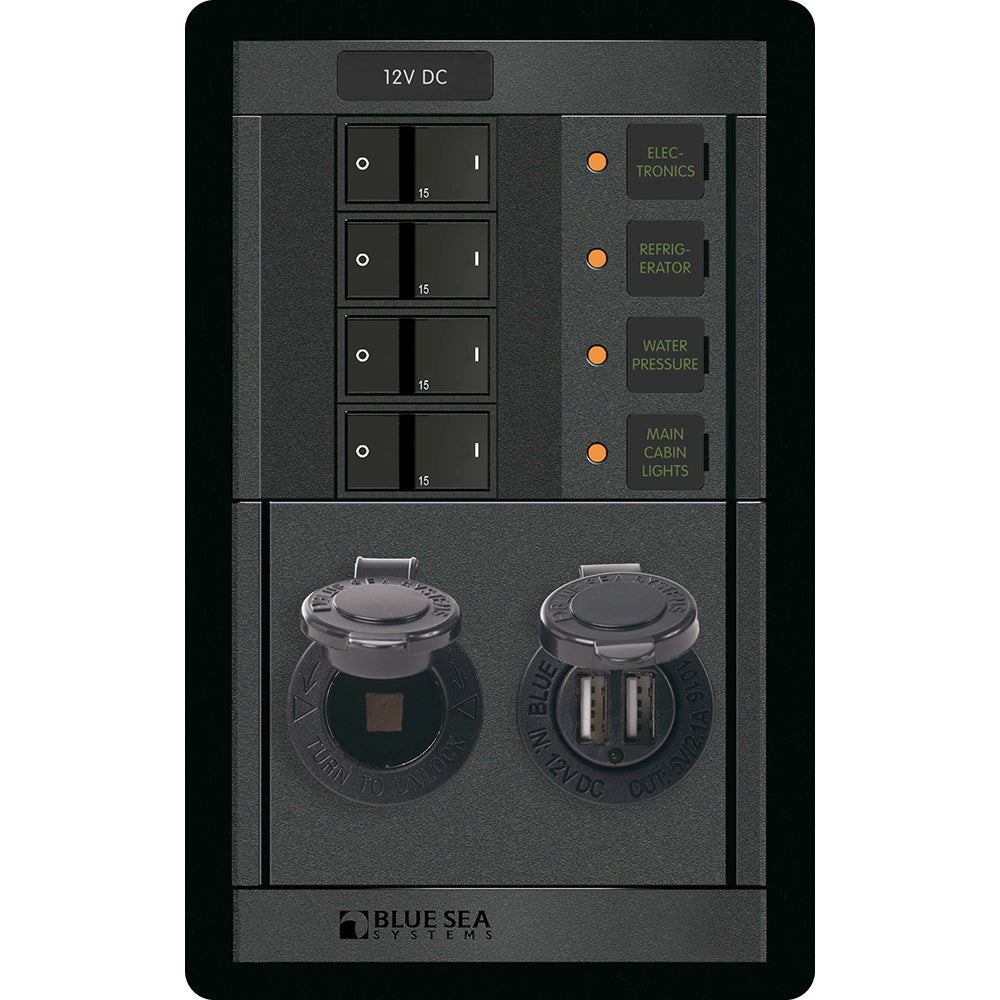 Blue Sea Systems 360 Panel DC Branch Circuit Breaker Panel, 12V, Dual USB 4.8A, 12V Dash Socket — Quality Boat Parts