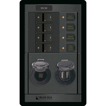 Blue Sea Systems 360 Panel DC Branch Circuit Breaker Panel, 12V, Dual USB 4.8A, 12V Dash Socket — Quality Boat Parts