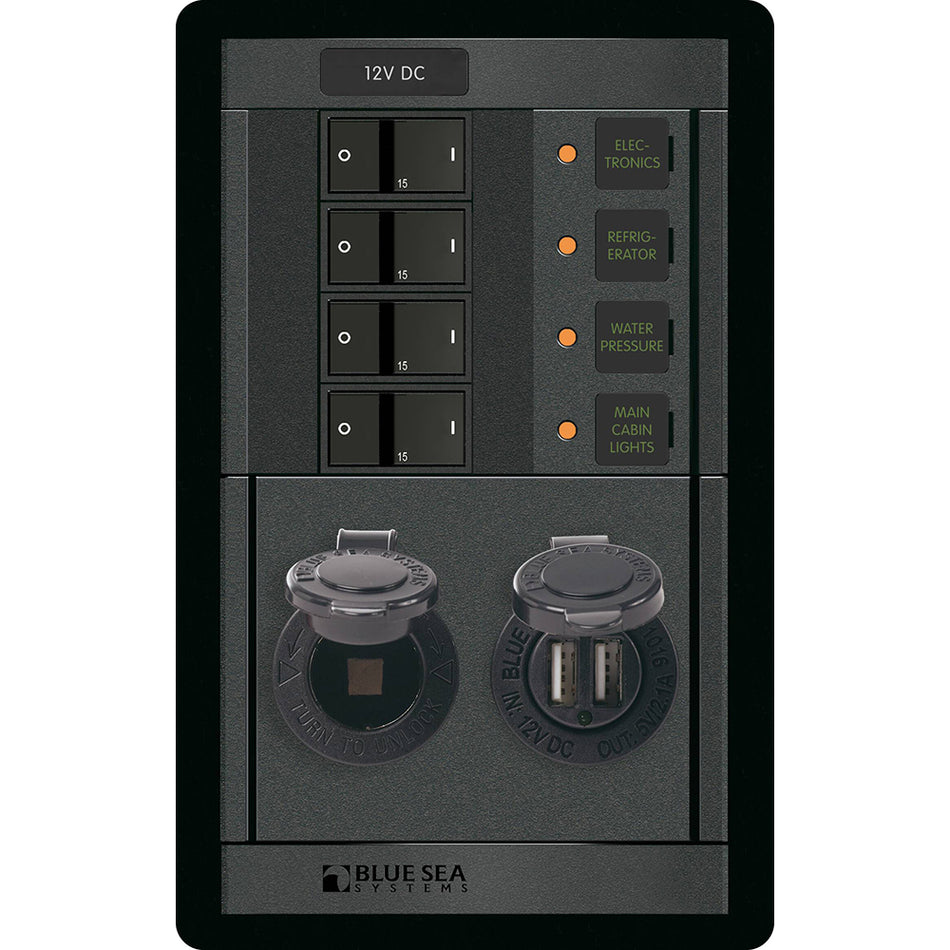 Blue Sea Systems 360 Panel DC Branch Circuit Breaker Panel, 12V, Dual USB 4.8A, 12V Dash Socket — Quality Boat Parts