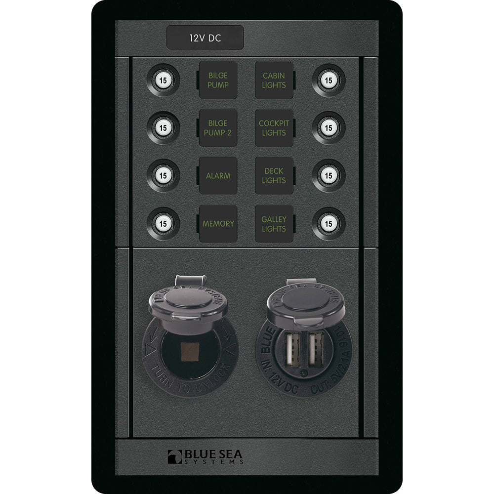 Blue Sea Systems 360 Panel DC Branch Circuit Breaker Panel, 12V, Dual USB 4.8A, 12V Dash Socket — Quality Boat Parts