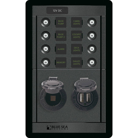 Blue Sea Systems 360 Panel DC Branch Circuit Breaker Panel, 12V, Dual USB 4.8A, 12V Dash Socket — Quality Boat Parts