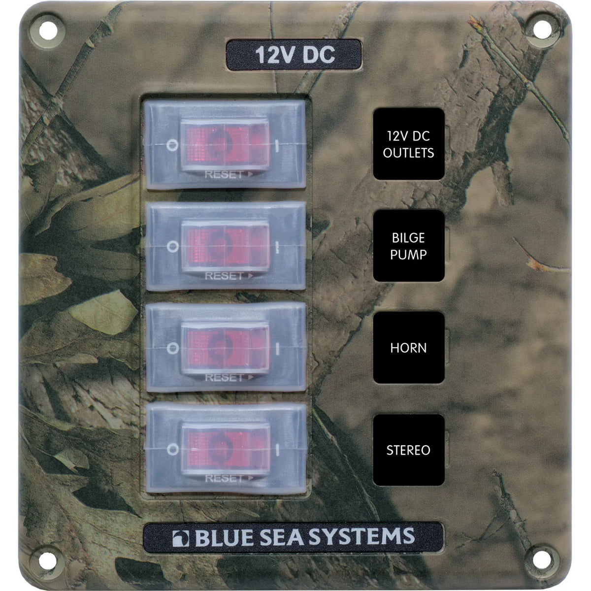 Blue Sea Systems Water-Resistant Circuit Breaker Switch Panel, 12V DC, Illuminated 15A Breakers, Exposed Mount — Quality Boat Parts
