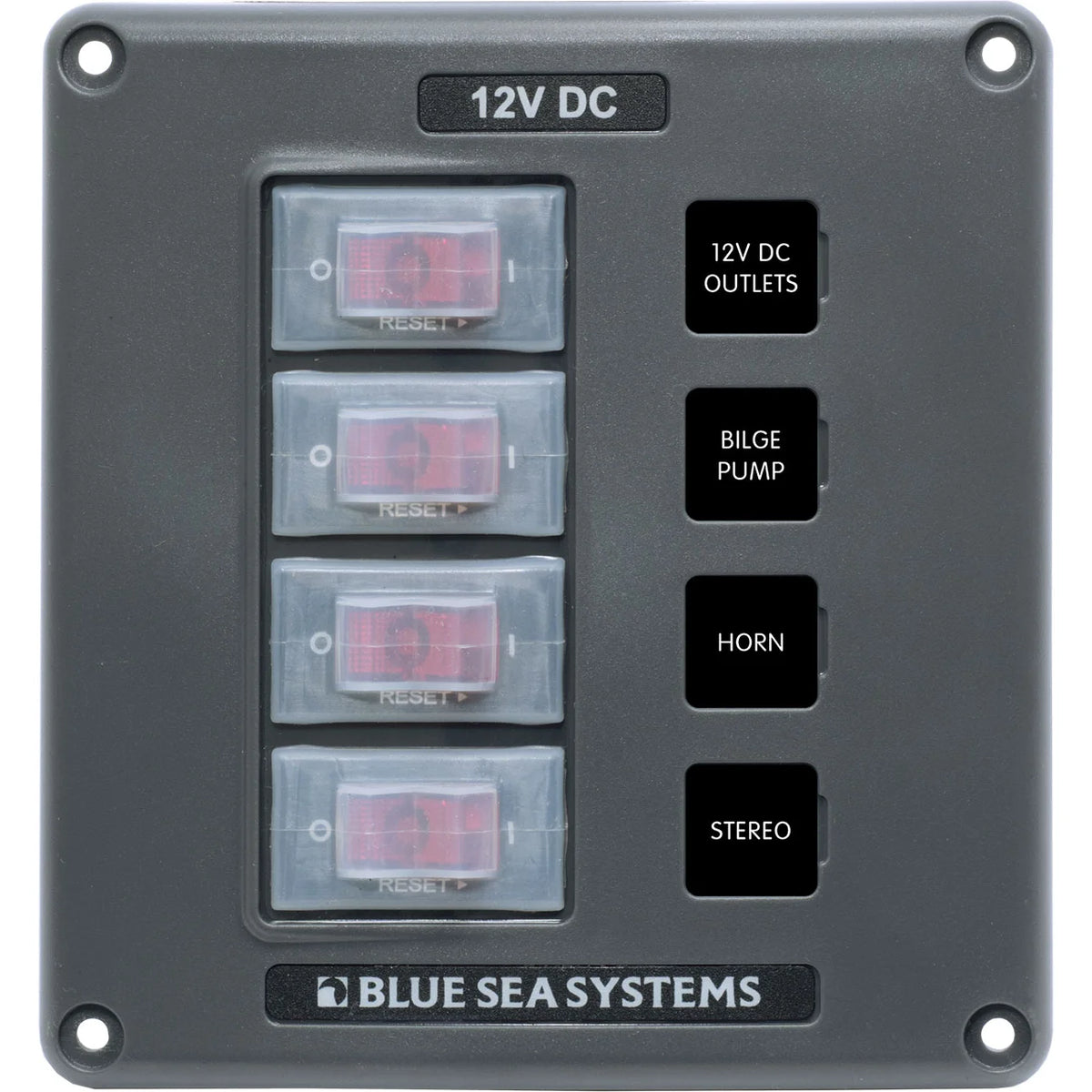 Blue Sea Systems Water-Resistant Circuit Breaker Switch Panel, 12V DC, Illuminated 15A Breakers, Exposed Mount — Quality Boat Parts