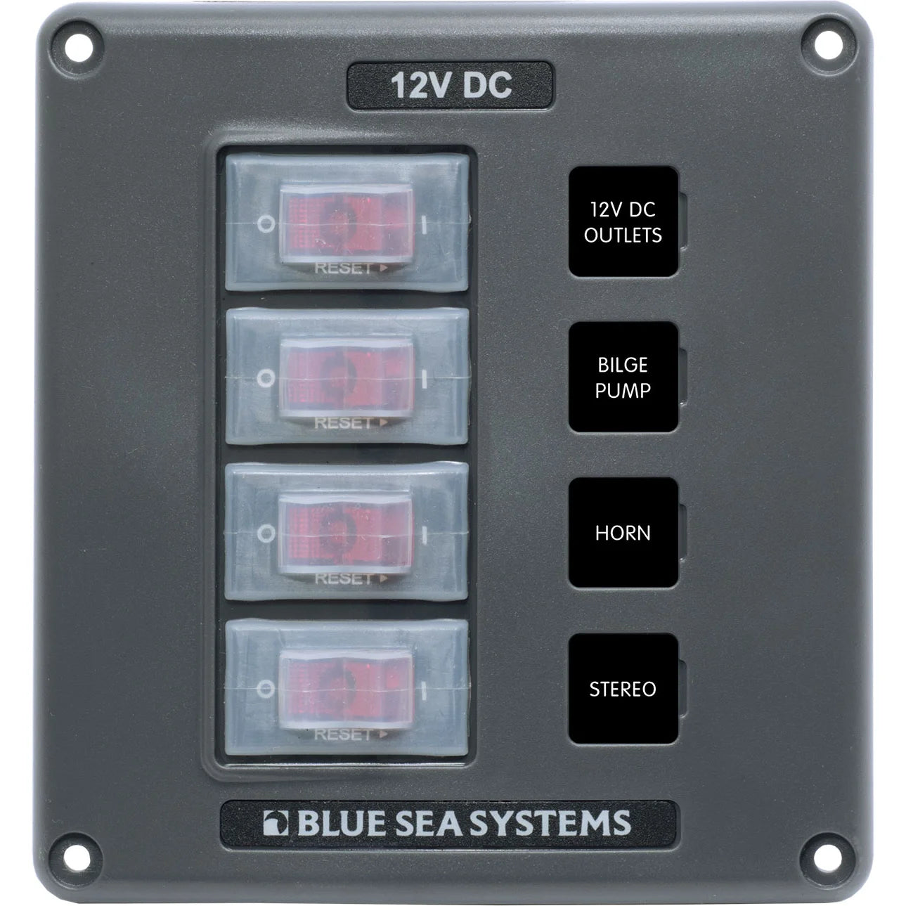 Blue Sea Systems Water-Resistant Circuit Breaker Switch Panel, 12V DC, Illuminated 15A Breakers, Exposed Mount — Quality Boat Parts