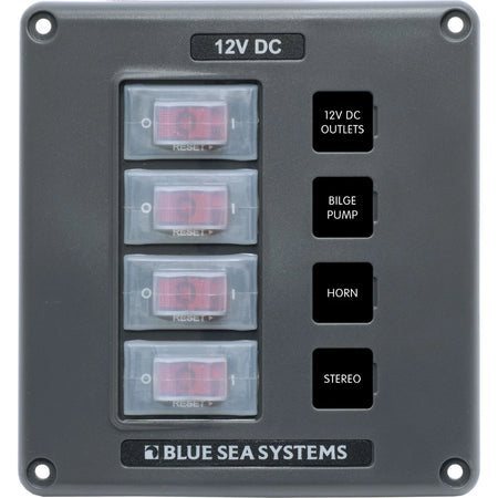 Blue Sea Systems Water-Resistant Circuit Breaker Switch Panel, 12V DC, Illuminated 15A Breakers, Exposed Mount — Quality Boat Parts