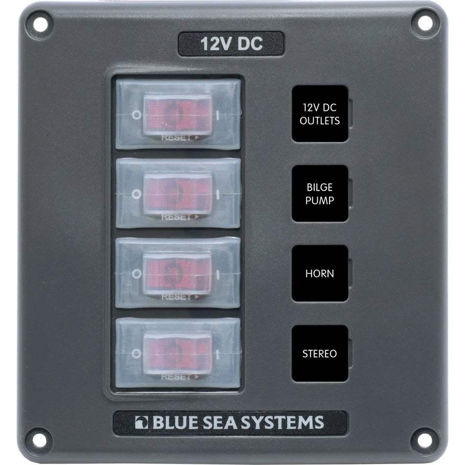 Blue Sea Systems Water-Resistant Circuit Breaker Switch Panel, 12V DC, Illuminated 15A Breakers, Exposed Mount — Quality Boat Parts