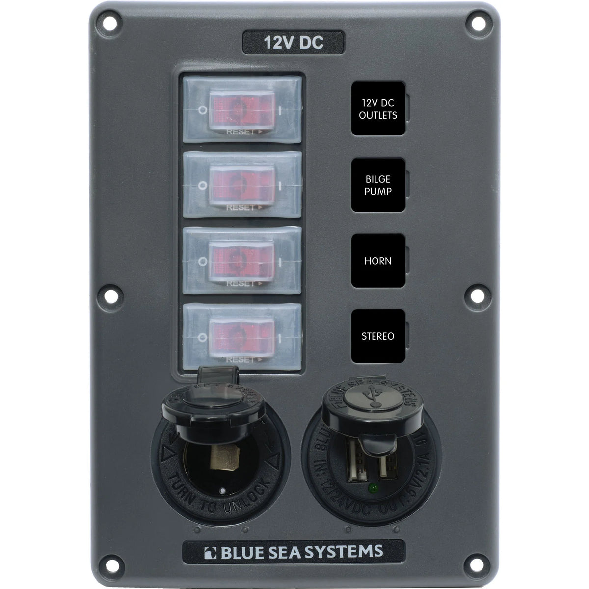 Blue Sea Systems Water-Resistant Circuit Breaker Switch Panel, 12V DC, Illuminated 15A Breakers, Exposed Mount — Quality Boat Parts
