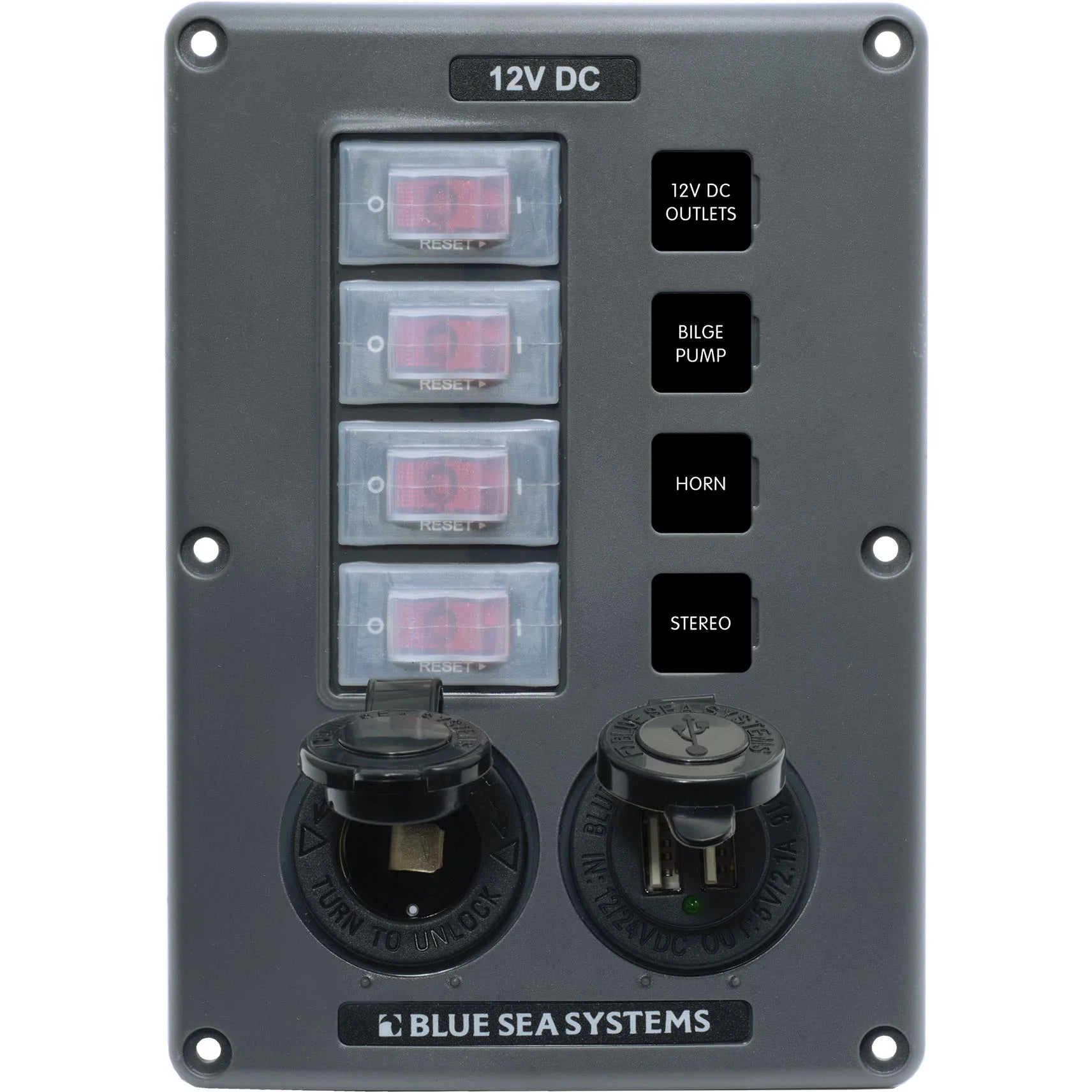 Blue Sea Systems Water-Resistant Circuit Breaker Switch Panel, 12V DC, Illuminated 15A Breakers, Exposed Mount — Quality Boat Parts
