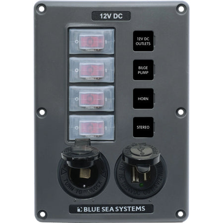 Blue Sea Systems Water-Resistant Circuit Breaker Switch Panel, 12V DC, Illuminated 15A Breakers, Exposed Mount — Quality Boat Parts