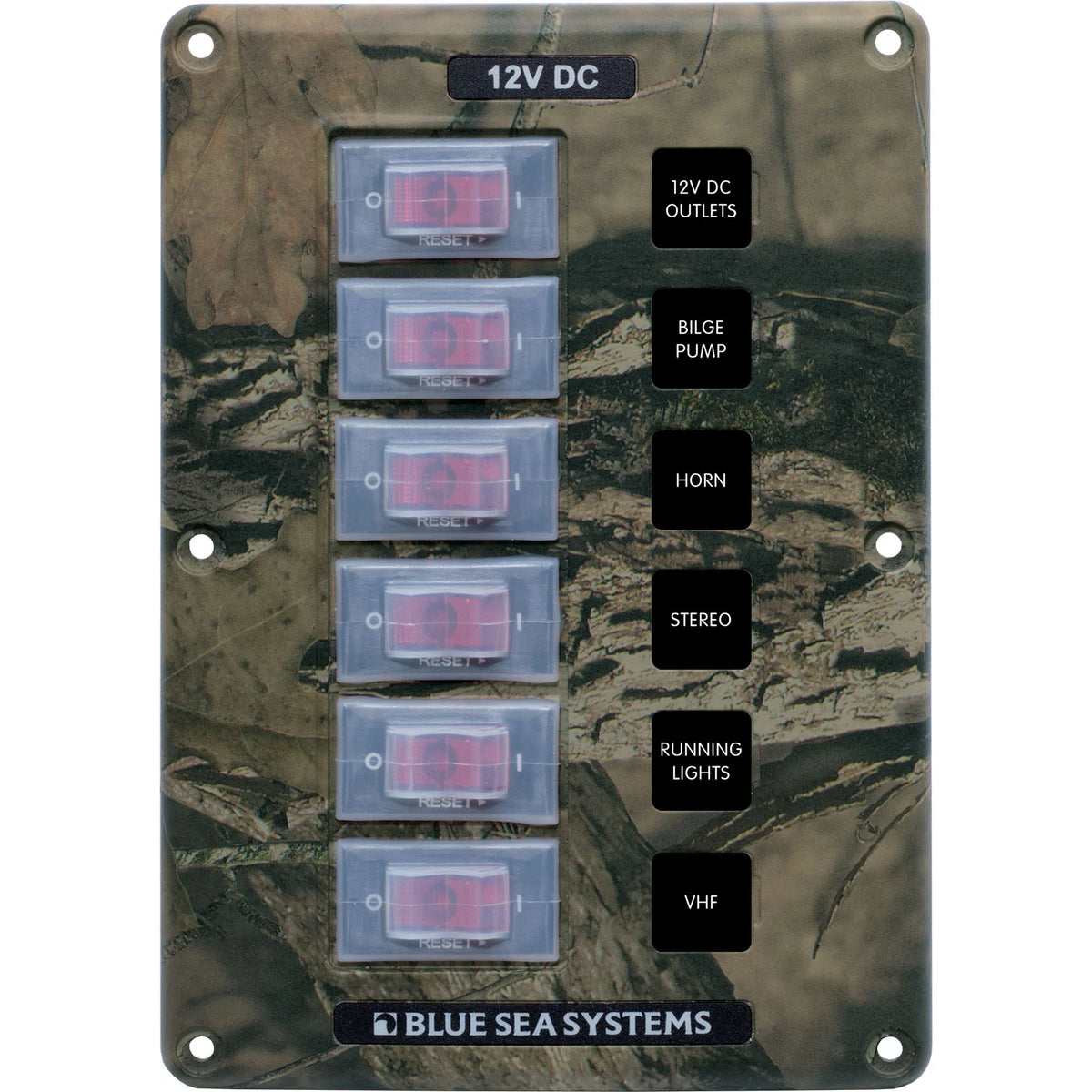 Blue Sea Systems Water-Resistant Circuit Breaker Switch Panel, 12V DC, Illuminated 15A Breakers, Exposed Mount — Quality Boat Parts