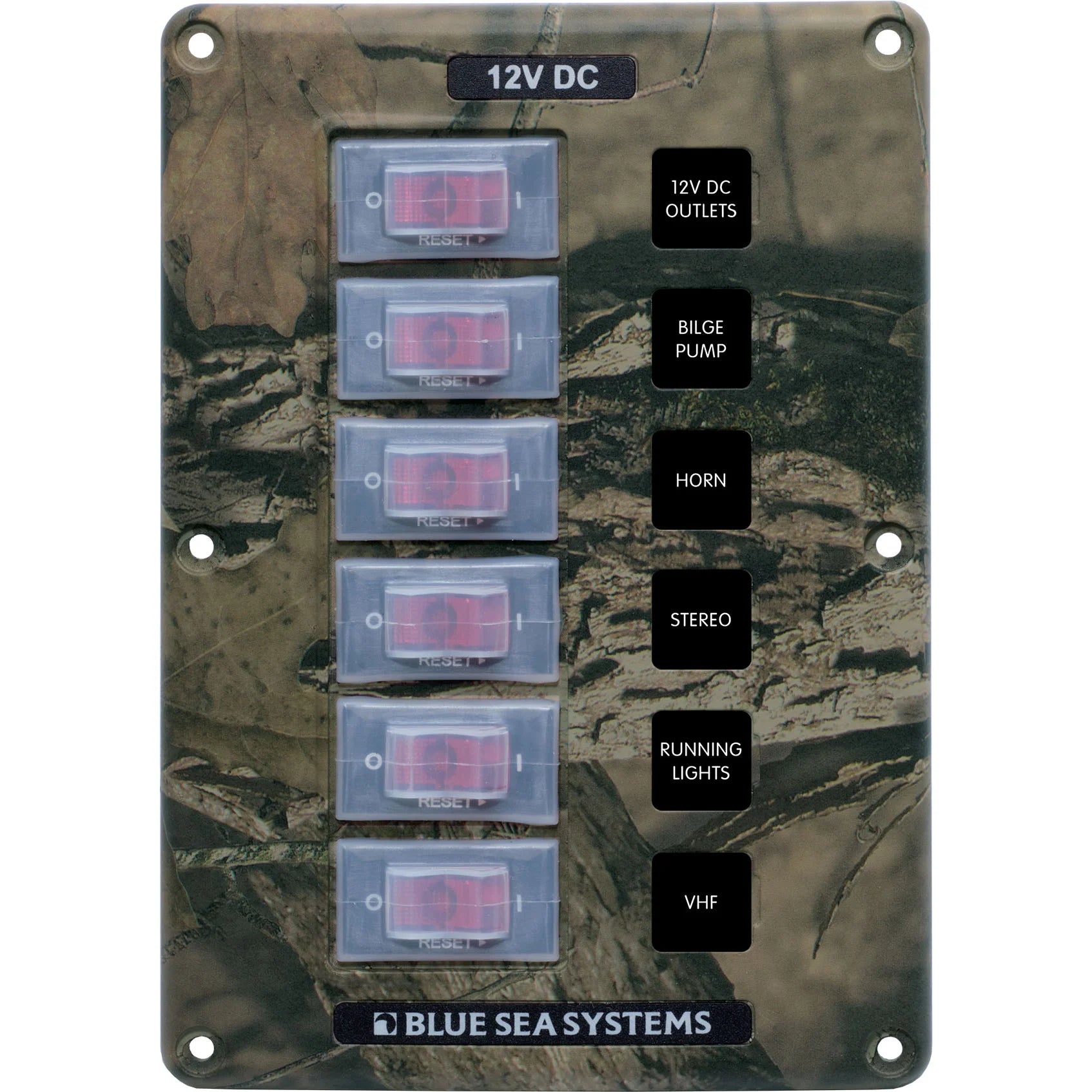Blue Sea Systems Water-Resistant Circuit Breaker Switch Panel, 12V DC, Illuminated 15A Breakers, Exposed Mount — Quality Boat Parts