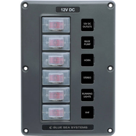 Blue Sea Systems Water-Resistant Circuit Breaker Switch Panel, 12V DC, Illuminated 15A Breakers, Exposed Mount — Quality Boat Parts