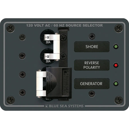 Blue Sea Systems AC Toggle Source Selector Panel, 2 Sources, 120V AC, Lockout Slide — Quality Boat Parts