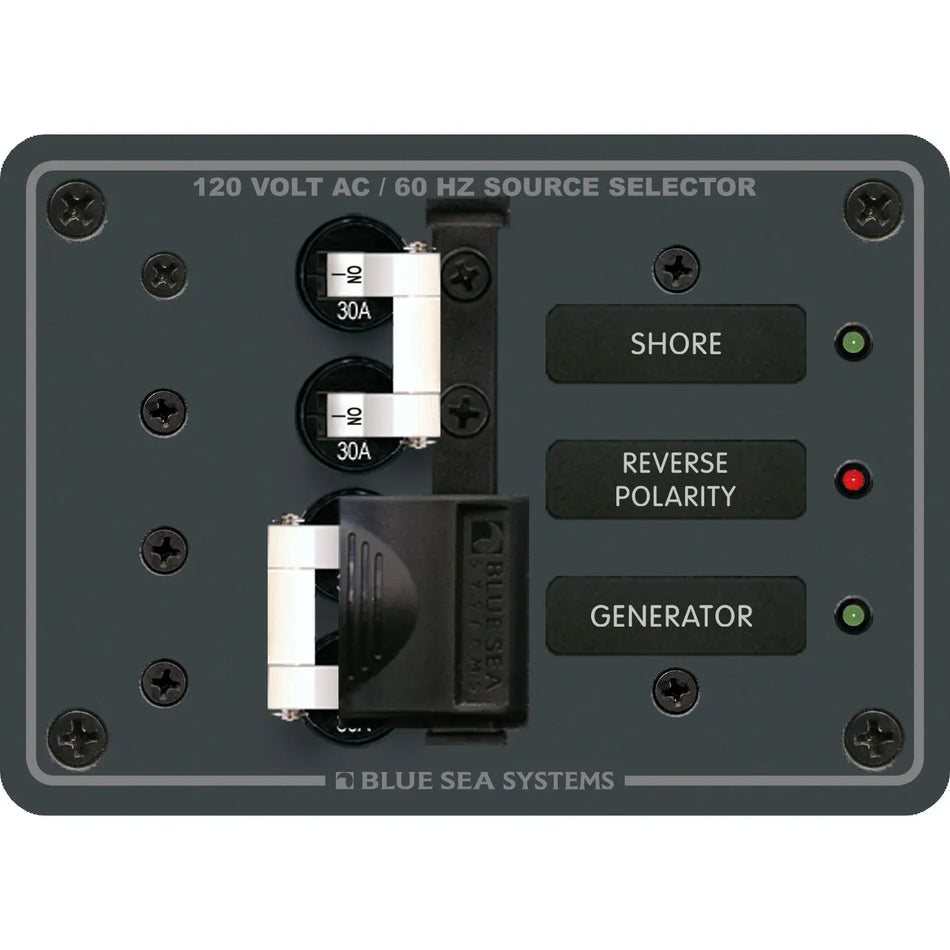 Blue Sea Systems AC Toggle Source Selector Panel, 2 Sources, 120V AC, Lockout Slide — Quality Boat Parts