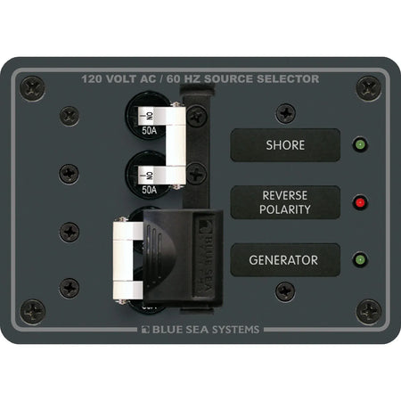 Blue Sea Systems AC Toggle Source Selector Panel, 2 Sources, 120V AC, Lockout Slide — Quality Boat Parts