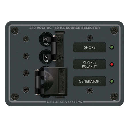 Blue Sea Systems AC Toggle Source Selector Panel, European, 230V AC, 2 Sources — Quality Boat Parts