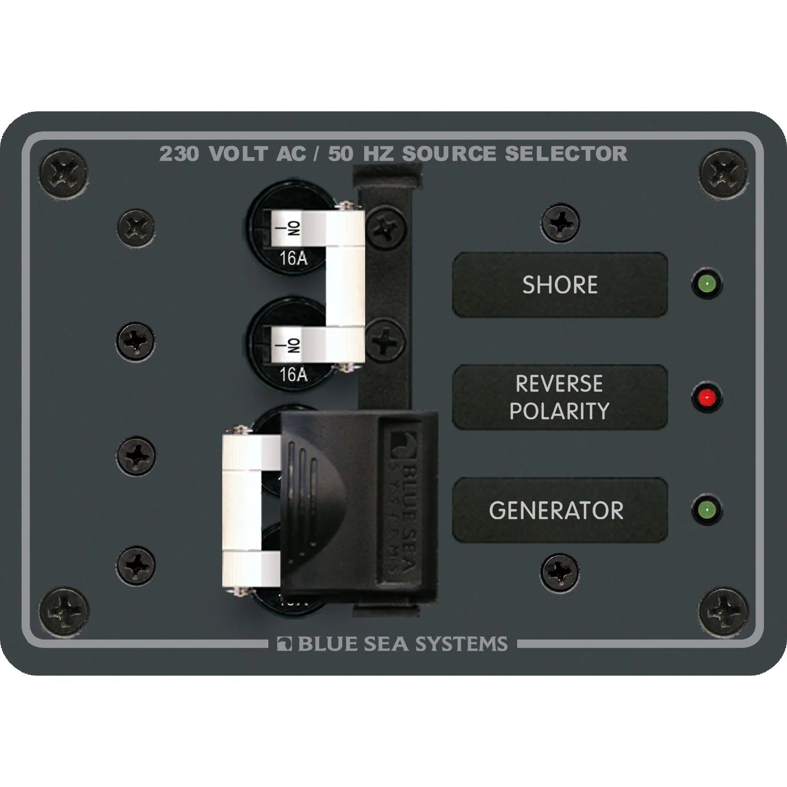 Blue Sea Systems AC Toggle Source Selector Panel, European, 230V AC, 2 Sources — Quality Boat Parts