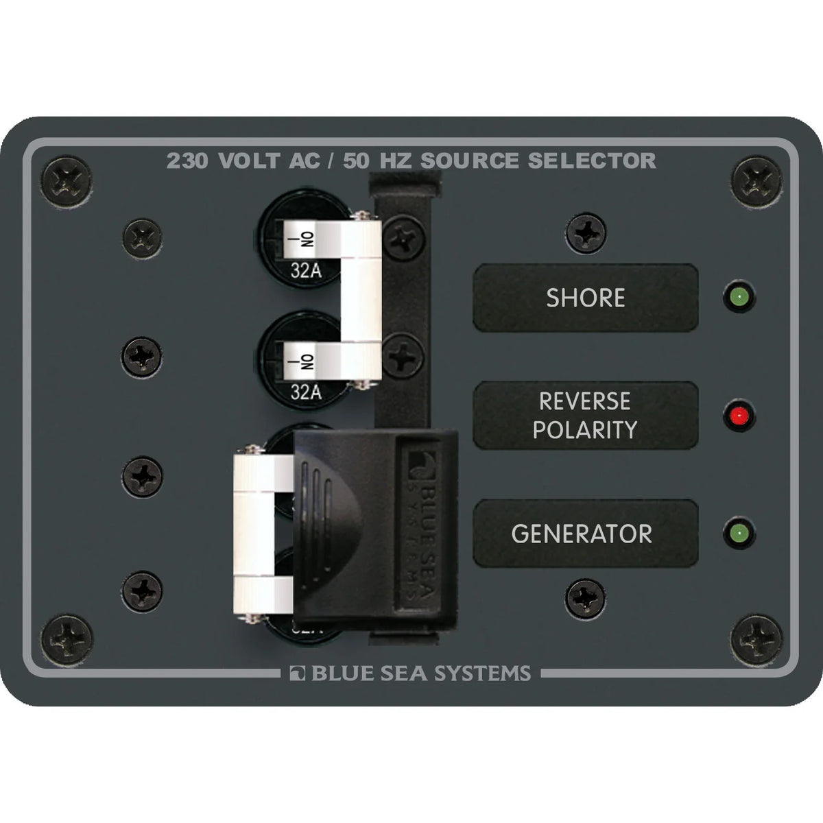 Blue Sea Systems AC Toggle Source Selector Panel, European, 230V AC, 2 Sources — Quality Boat Parts