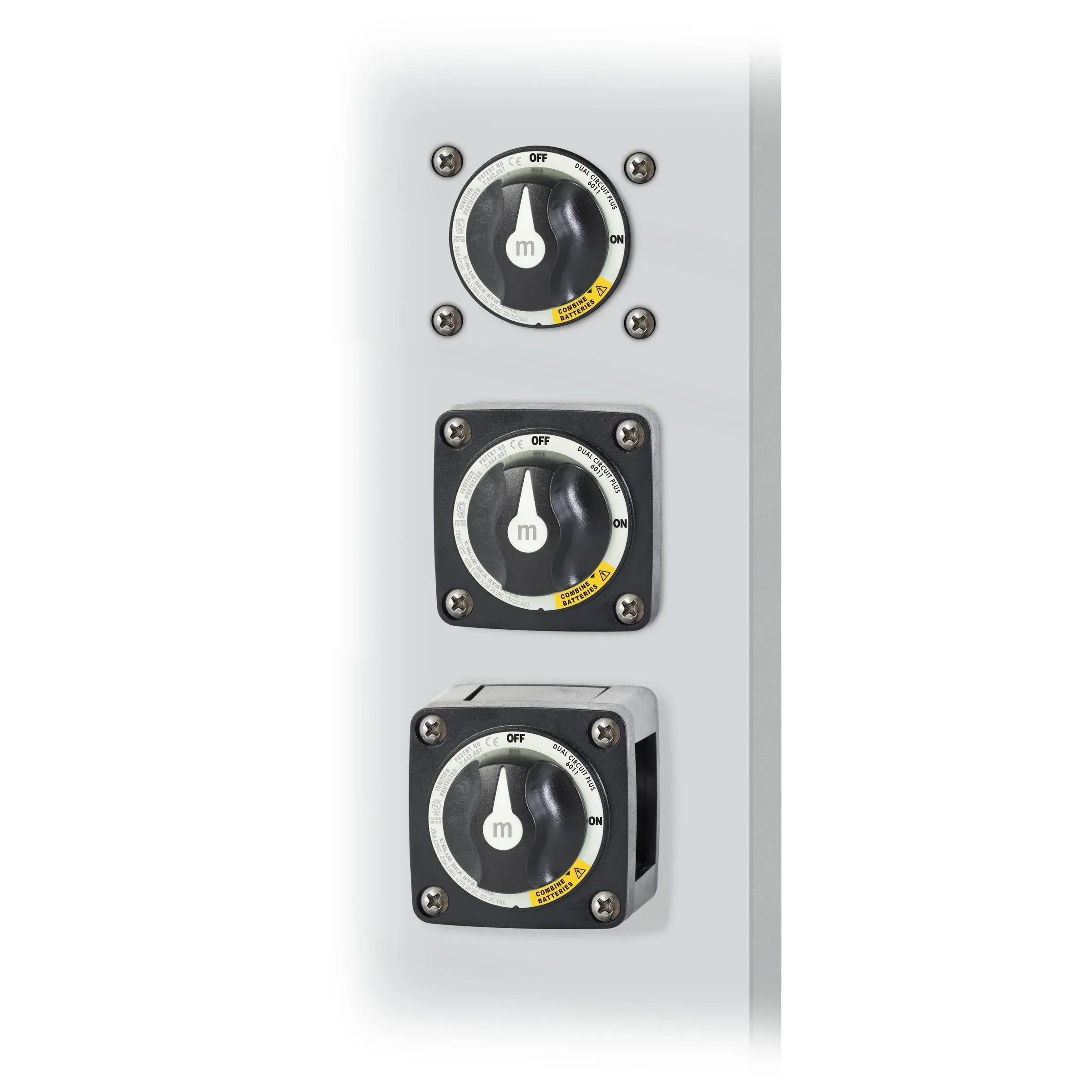 Blue Sea Systems m-Series Mini Dual Circuit Plus Battery Switch, 32V DC, 300A, 3 Position — Quality Boat Parts