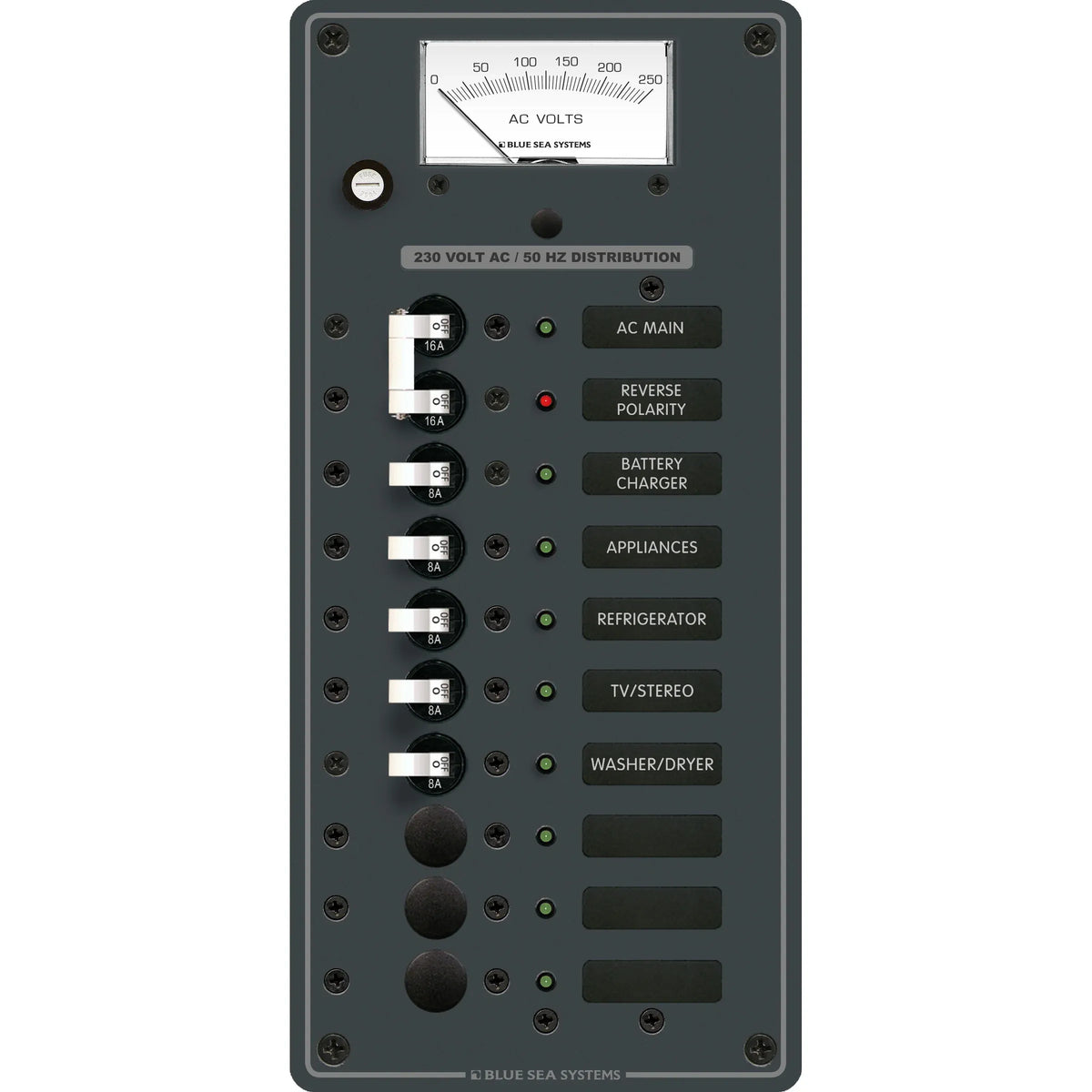 Blue Sea Systems Traditional Metal AC Main Distribution Panel, Analog AC Voltmeter, Reverse Polarity LED — Quality Boat Parts