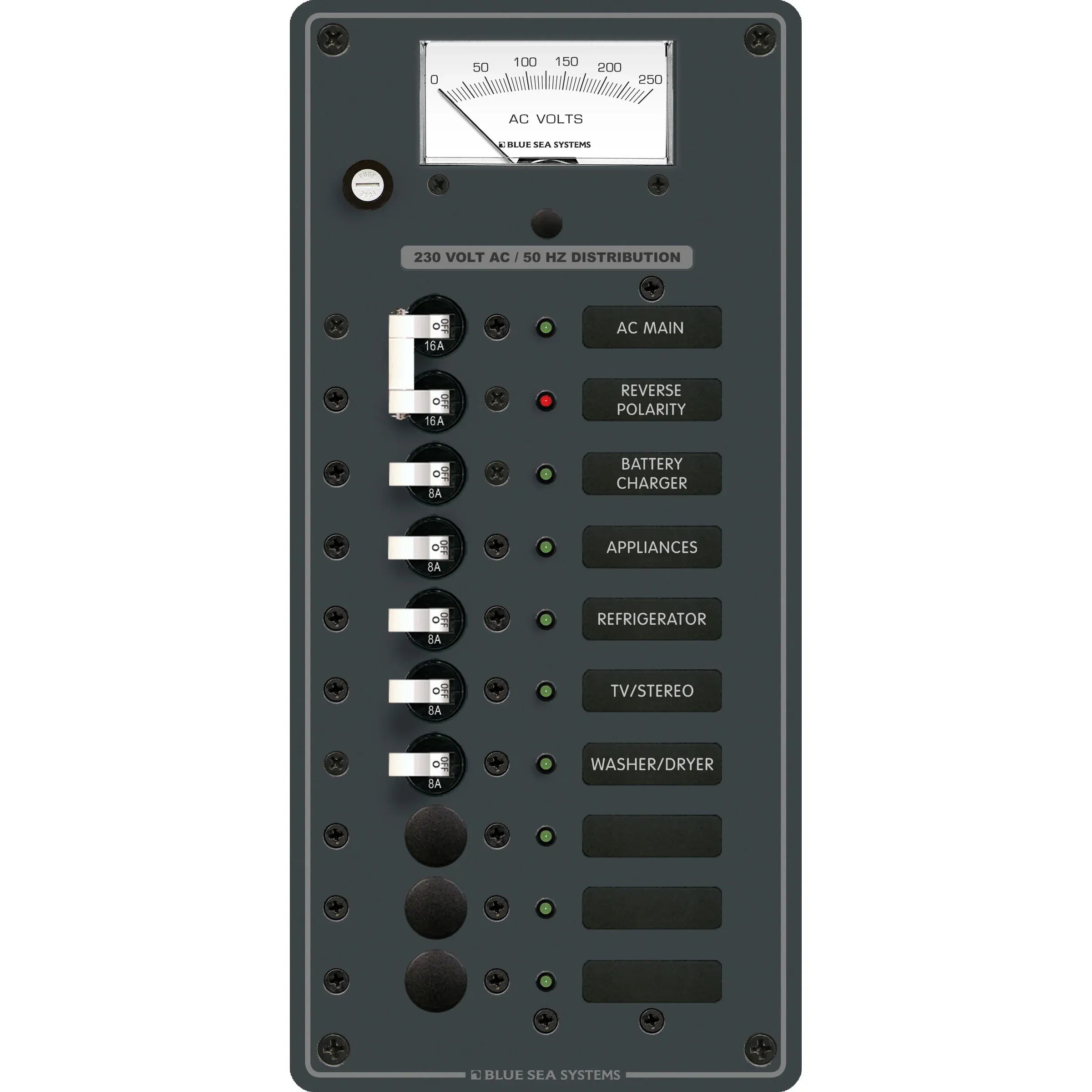 Blue Sea Systems Traditional Metal AC Main Distribution Panel, Analog AC Voltmeter, Reverse Polarity LED — Quality Boat Parts