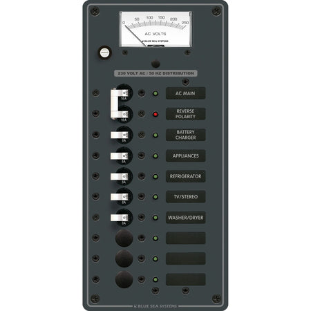 Blue Sea Systems Traditional Metal AC Main Distribution Panel, Analog AC Voltmeter, Reverse Polarity LED — Quality Boat Parts