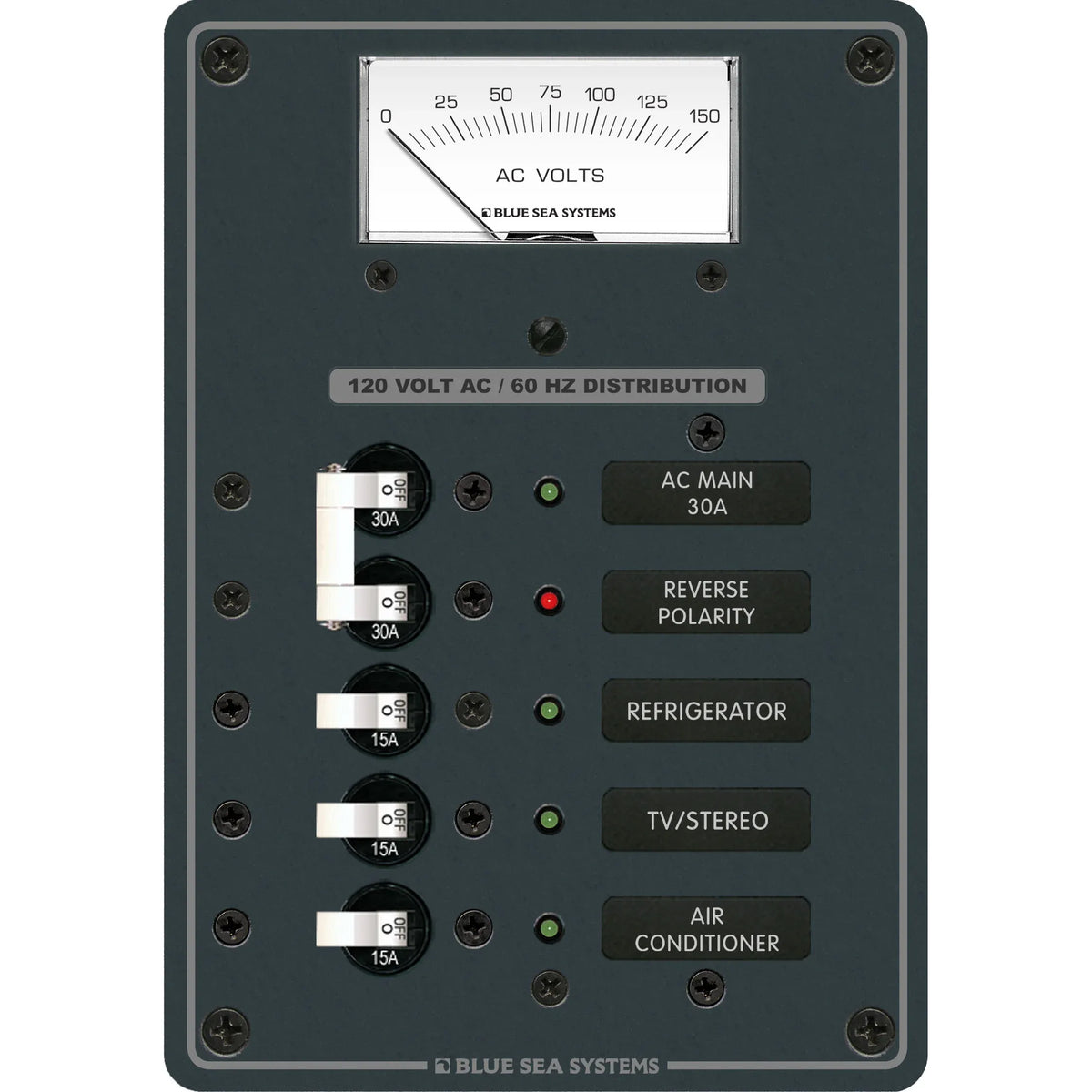 Blue Sea Systems Traditional Metal AC Main Distribution Panel, Analog AC Voltmeter, Reverse Polarity LED — Quality Boat Parts