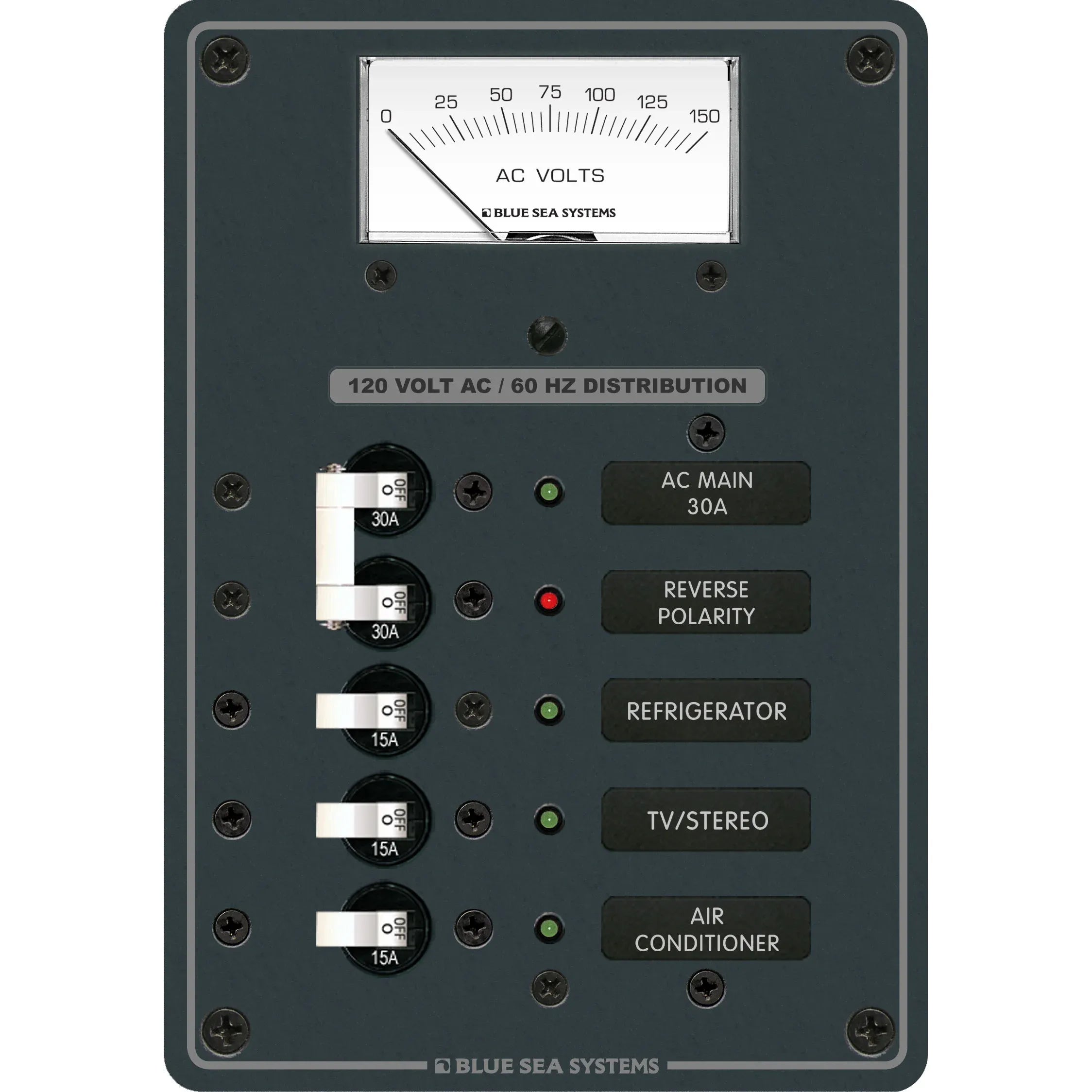 Blue Sea Systems Traditional Metal AC Main Distribution Panel, Analog AC Voltmeter, Reverse Polarity LED — Quality Boat Parts