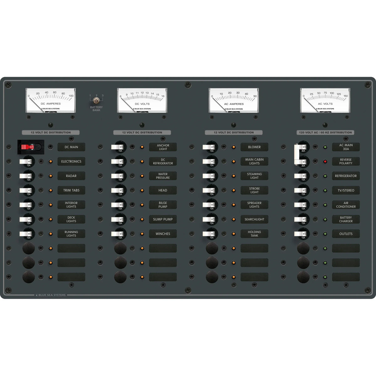 Blue Sea Systems Traditional Metal AC/DC Main Distribution Panel, 8 AC Positions, 29 DC Positions, 12V DC — Quality Boat Parts