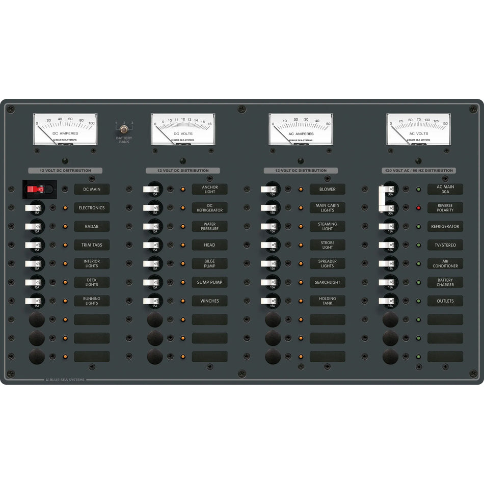 Blue Sea Systems Traditional Metal AC/DC Main Distribution Panel, 8 AC Positions, 29 DC Positions, 12V DC — Quality Boat Parts