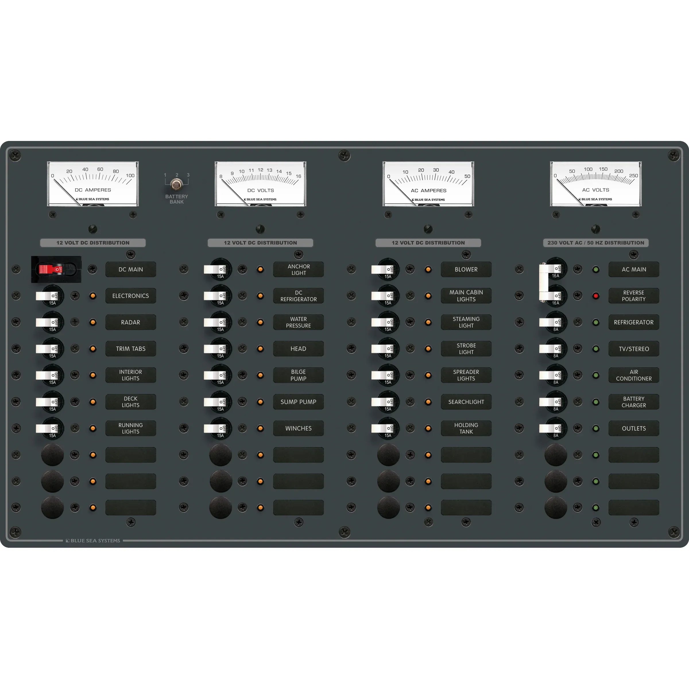 Blue Sea Systems Traditional Metal AC/DC Main Distribution Panel, 8 AC Positions, 29 DC Positions, 12V DC — Quality Boat Parts