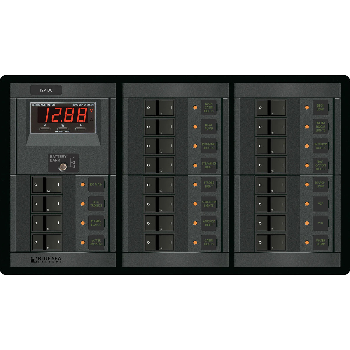 Blue Sea Systems DC Branch Circuit Breaker Panel, Pre-Wired Buses, Backlit Labels — Quality Boat Parts