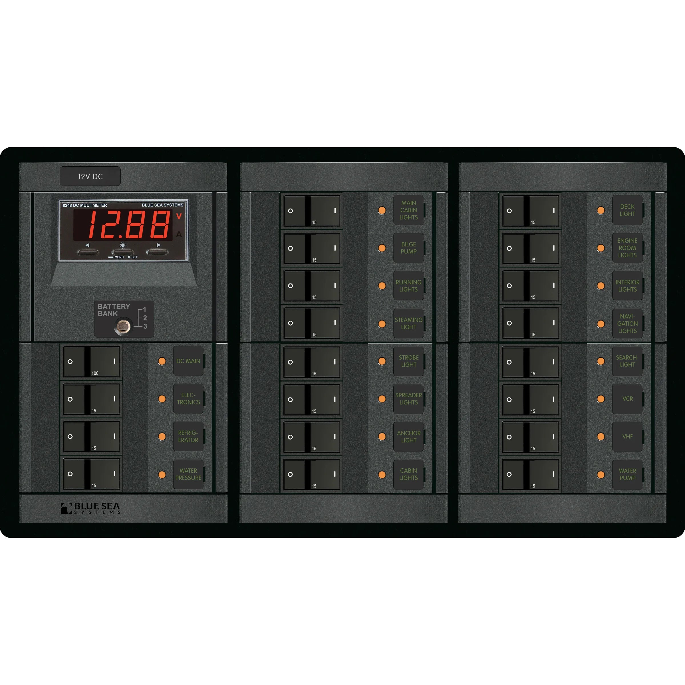 Blue Sea Systems DC Branch Circuit Breaker Panel, Pre-Wired Buses, Backlit Labels — Quality Boat Parts