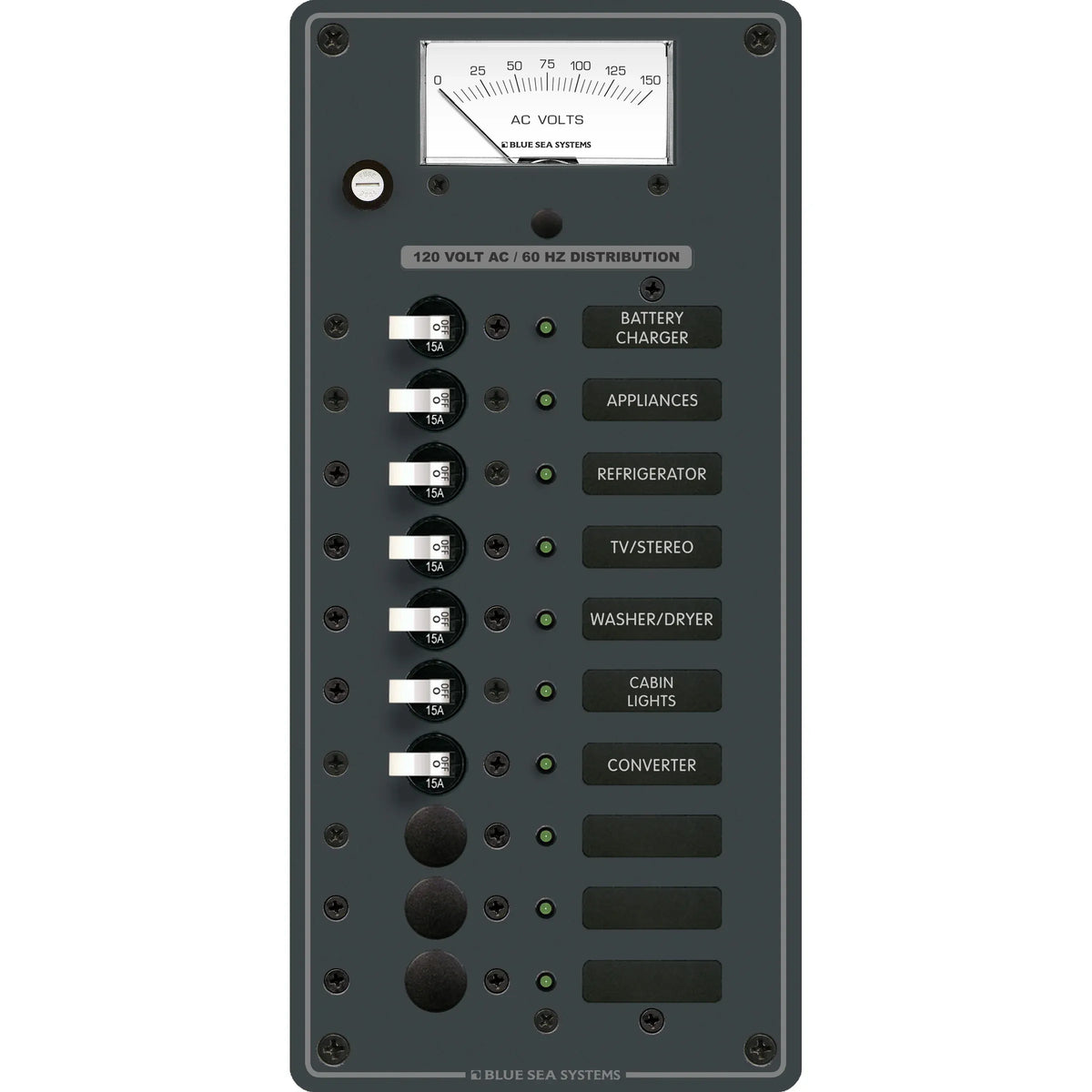 Blue Sea Systems Traditional Metal AC Branch Circuit Breaker Panel, 100A, Pre-Wired, Backlit Labels, ON Indicator LEDs — Quality Boat Parts