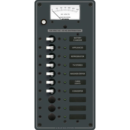 Blue Sea Systems Traditional Metal AC Branch Circuit Breaker Panel, 100A, Pre-Wired, Backlit Labels, ON Indicator LEDs — Quality Boat Parts