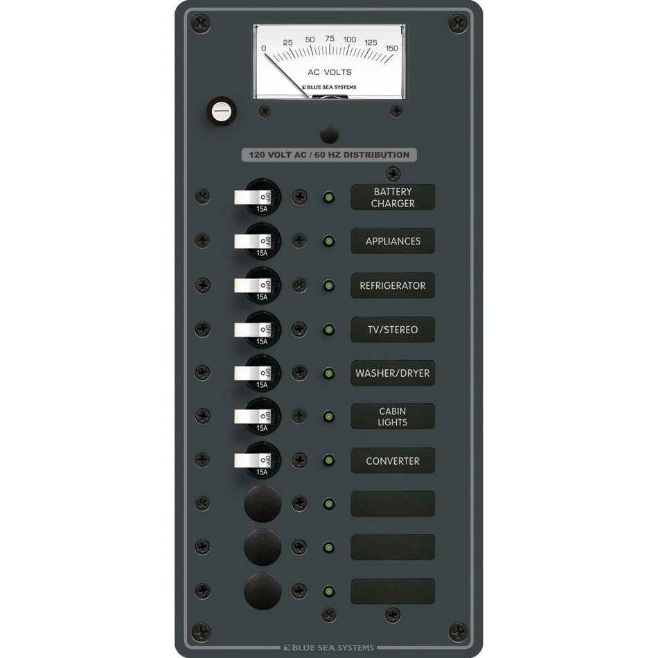 Blue Sea Systems Traditional Metal AC Branch Circuit Breaker Panel, 100A, Pre-Wired, Backlit Labels, ON Indicator LEDs — Quality Boat Parts